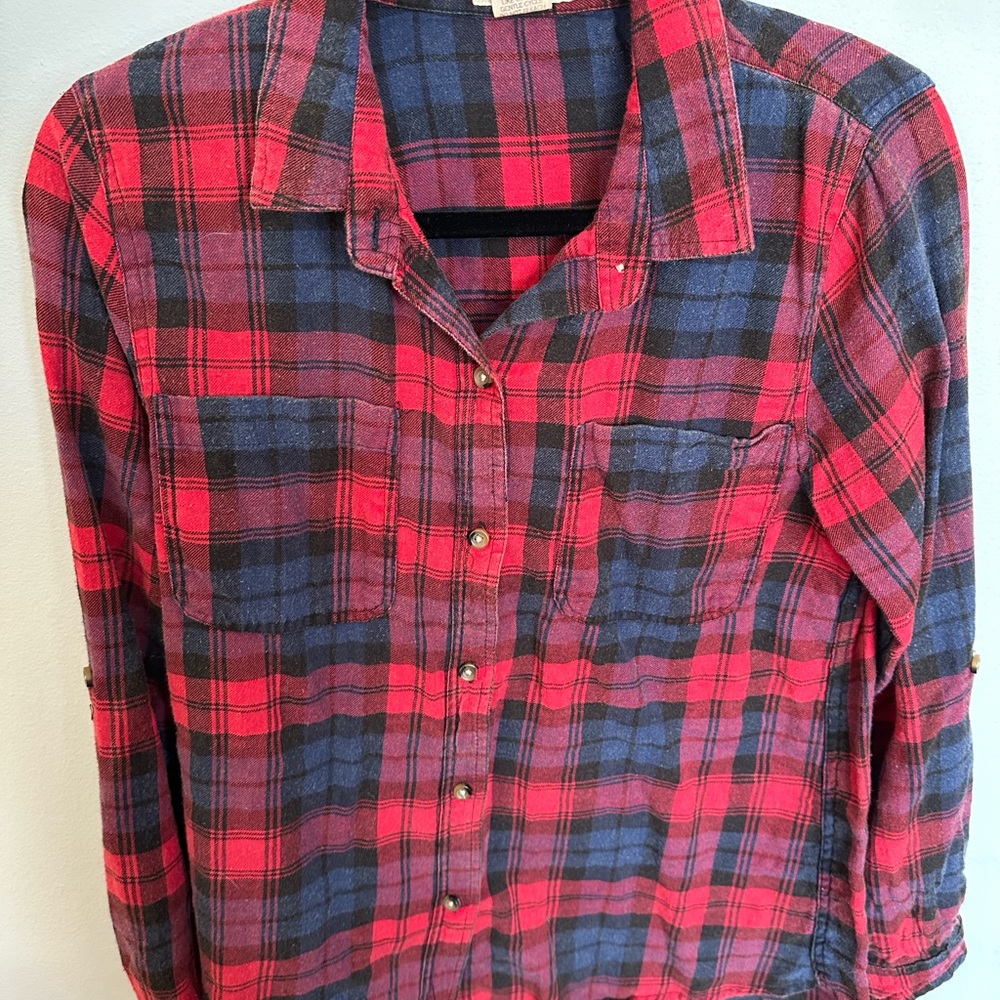 Passport Women's Red Blue Flannel Button-Up Shirt Size M 100% Cotton
